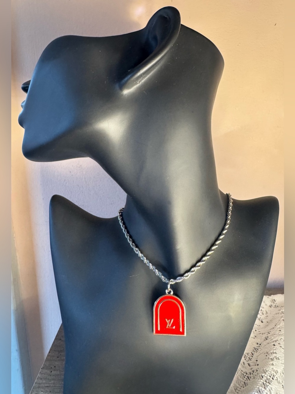 LV Red Enamel Arched Pendant on a 925 Necklace